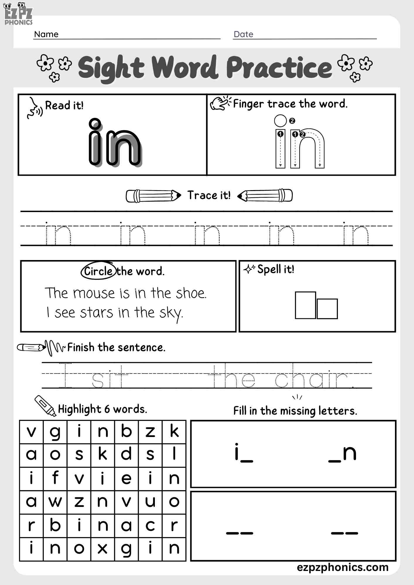 The Word "In" Dolch Sight Word Worksheet Activity for Pre-Kindergarten and Kindergarten Students PDF Download